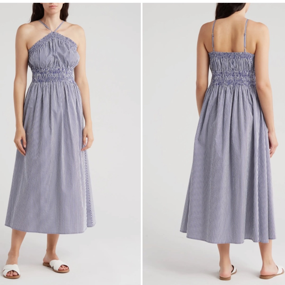 NWT Rachel Parcell Stripe Halter Neck Stretch Cotton Poplin Midi Dress XL